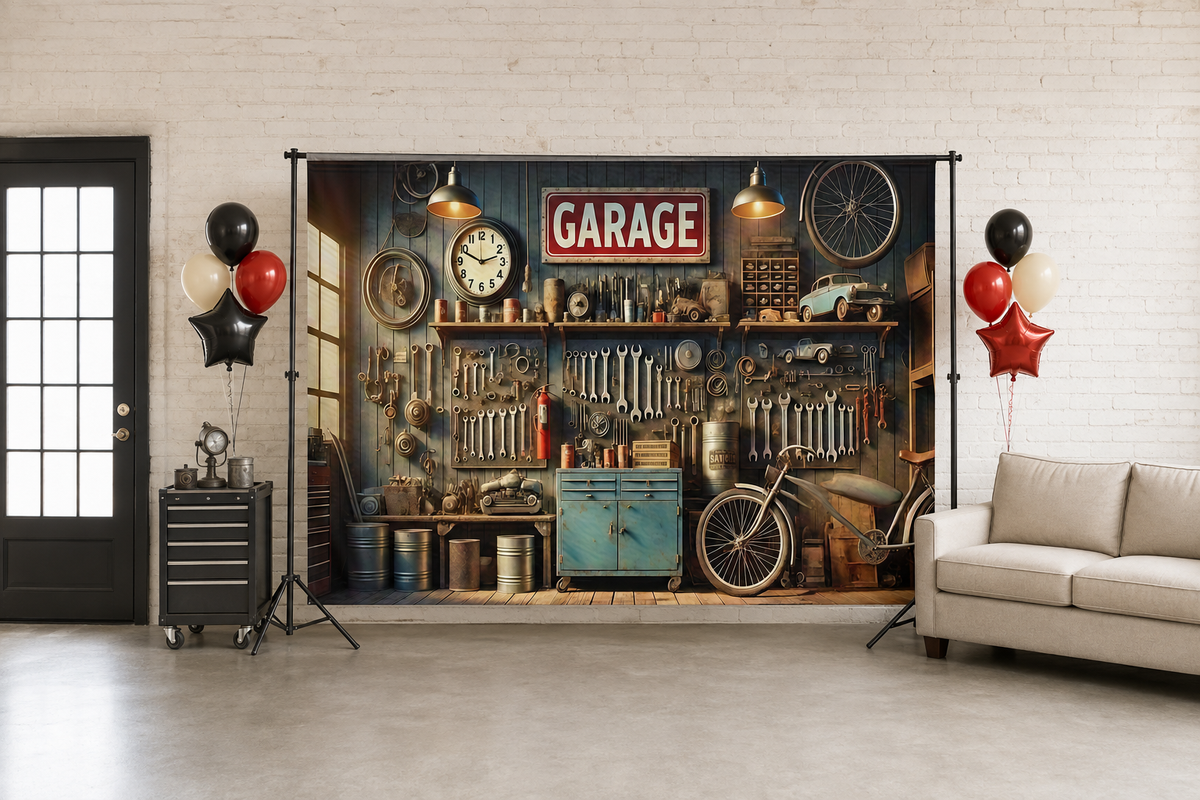 Vintage Automotive Garage Workshop Backdrop in alternate room setting