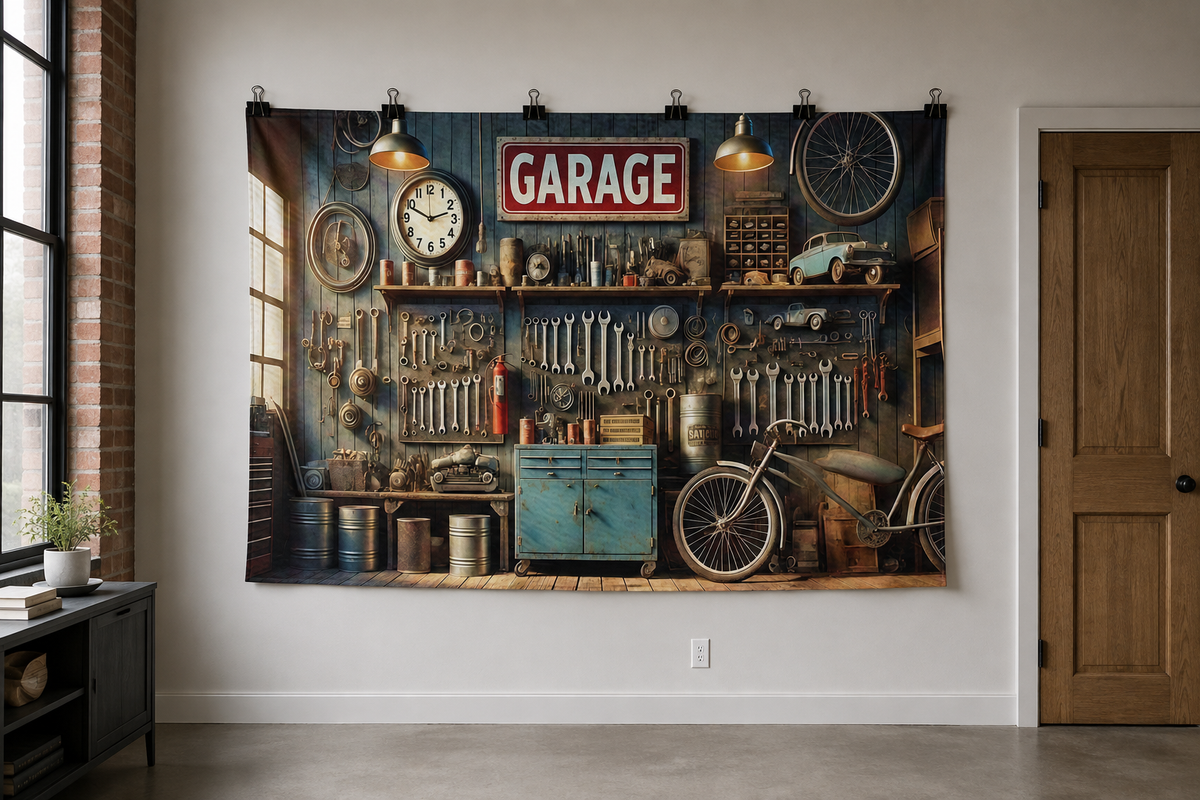 Vintage Automotive Garage Workshop Backdrop clipped directly to wall