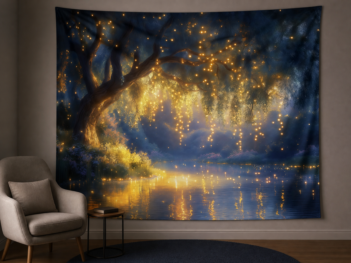 Glowing Forest Stream Tapestry Backdrop reading-nook display