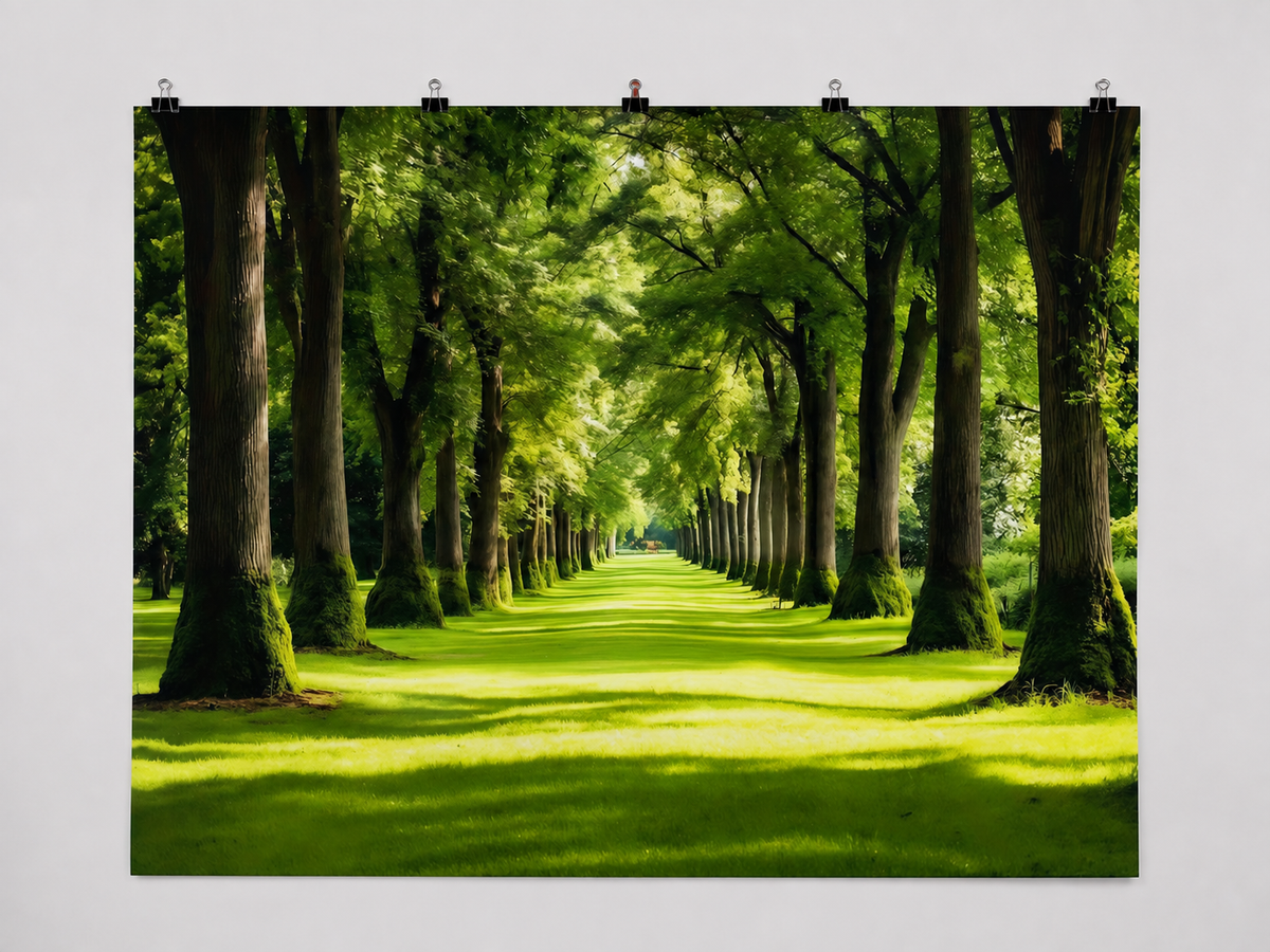 Sunlit Tree and Garden Path printed polyester backdrop, shown at244 x183cm with straight-cut unhemmed edges and wall clips. Flat printed scenery; accessories not included.