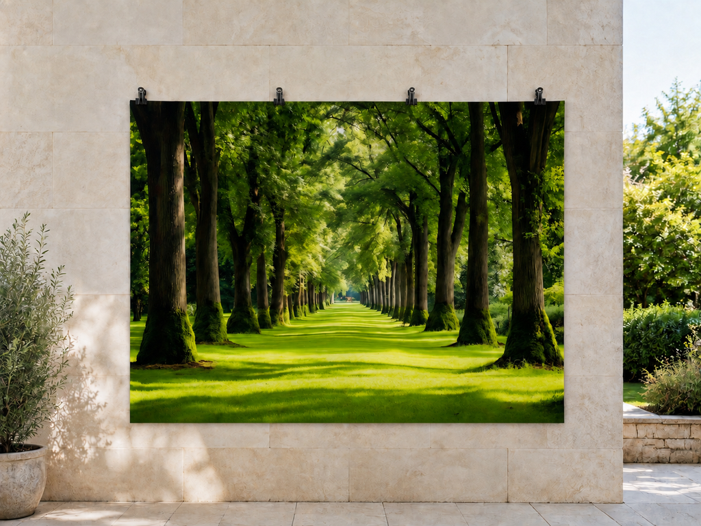 Sunlit Tree and Garden Path printed polyester backdrop, shown at244 x183cm with straight-cut unhemmed edges and wall clips. Flat printed scenery; accessories not included.