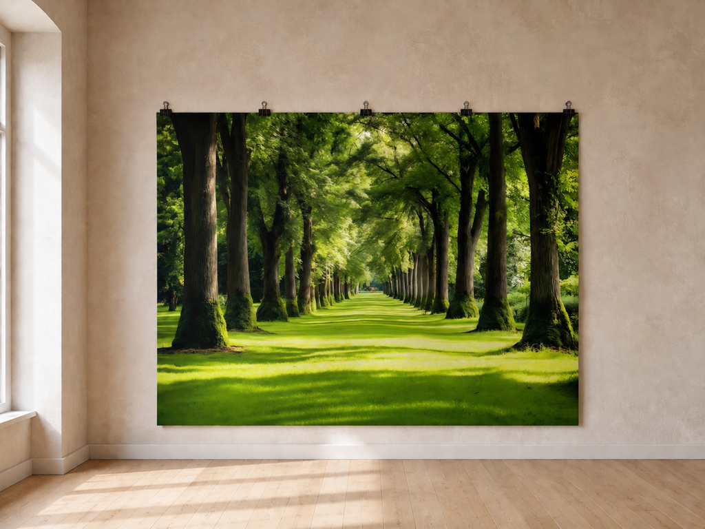 Sunlit Tree and Garden Path printed polyester backdrop, shown at244 x183cm with straight-cut unhemmed edges and wall clips. Flat printed scenery; accessories not included.