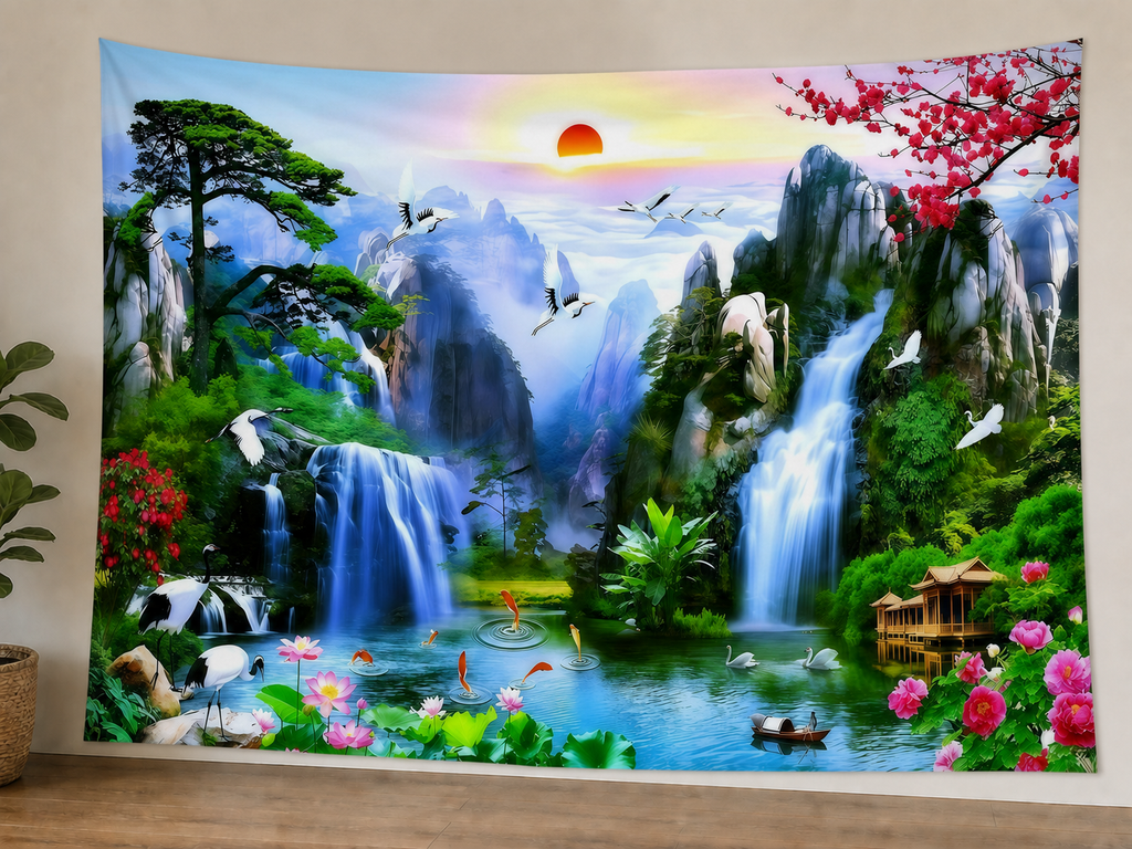 Fantasy Mountain Waterfall Swan Backdrop styled scene 1