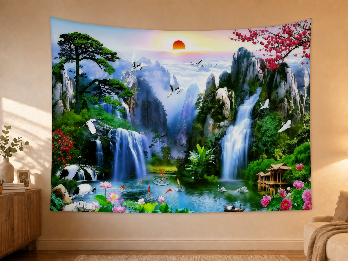 Fantasy Mountain Waterfall Swan Backdrop styled scene 2