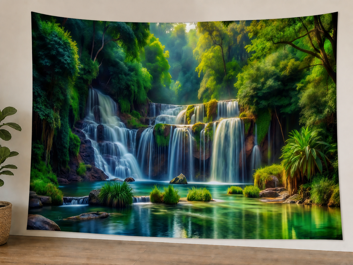 Sunlit Forest Waterfall Tapestry Backdrop styled scene 1