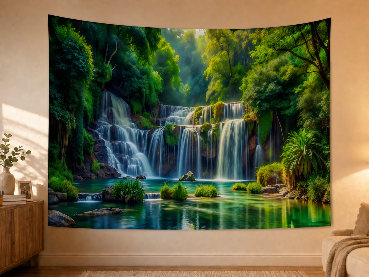 Sunlit Forest Waterfall Tapestry Backdrop styled scene 2