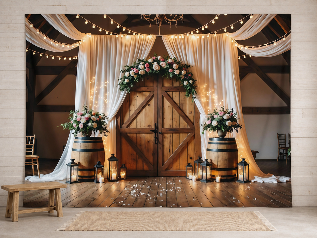 Rustic barn wedding floral door backdrop ceremony scene