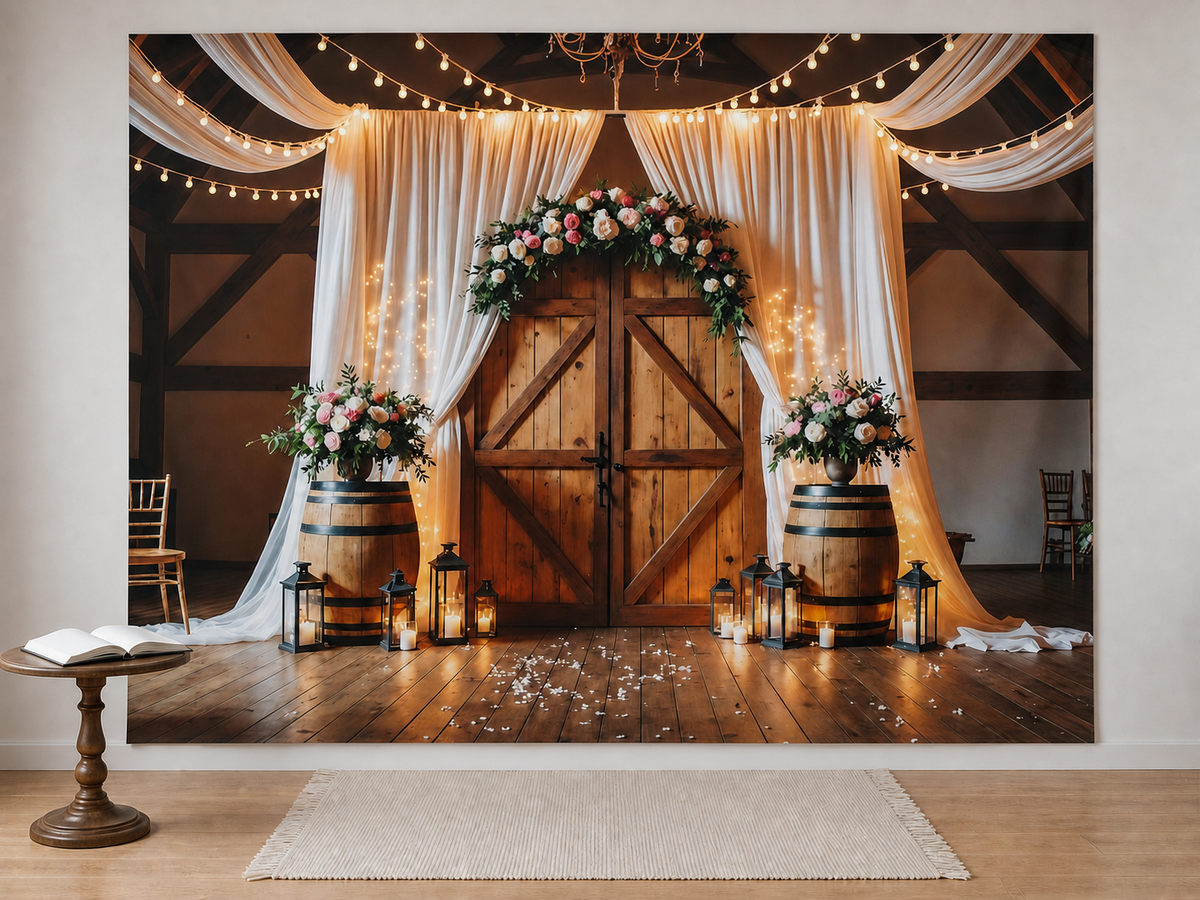 Rustic barn wedding floral door backdrop anniversary scene