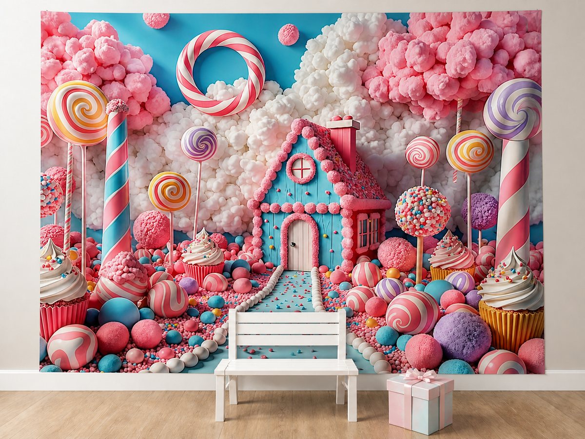 Pastel candyland house backdrop children's birthday scene