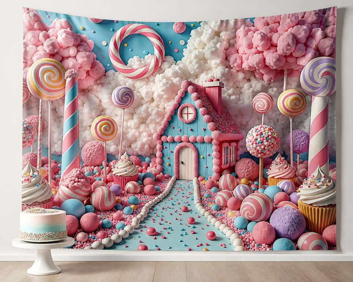 Pastel candyland house backdrop dessert table scene