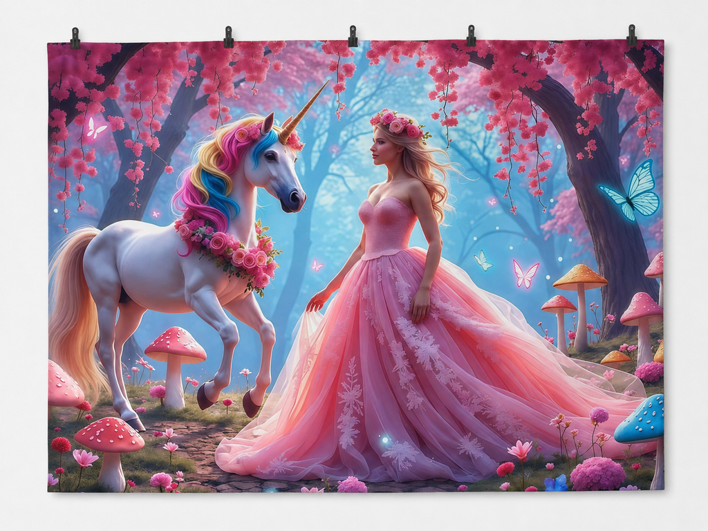 Unicorn and Princess Fantasy Forest printed polyester backdrop, shown at244 x183cm with straight-cut unhemmed edges and wall clips. Flat printed scenery; accessories not included.