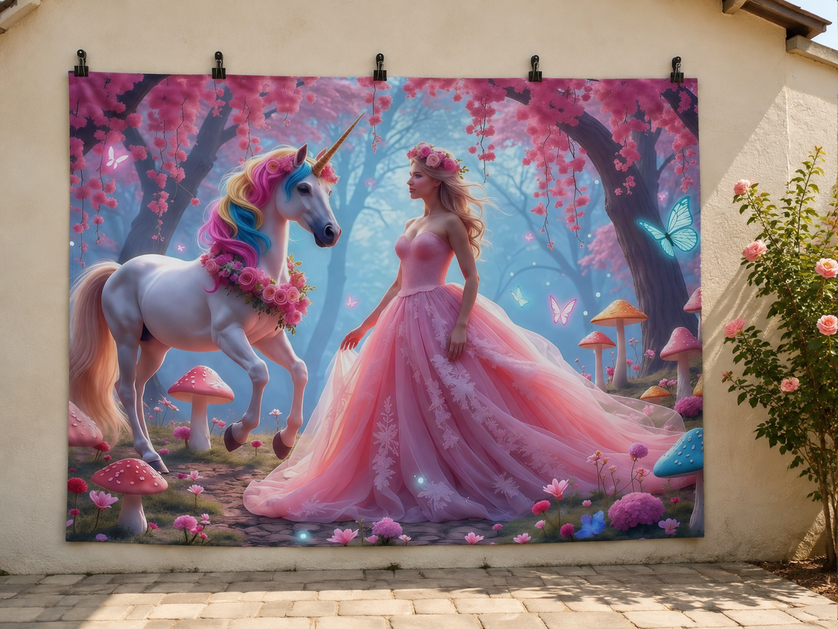 Unicorn and Princess Fantasy Forest printed polyester backdrop, shown at244 x183cm with straight-cut unhemmed edges and wall clips. Flat printed scenery; accessories not included.