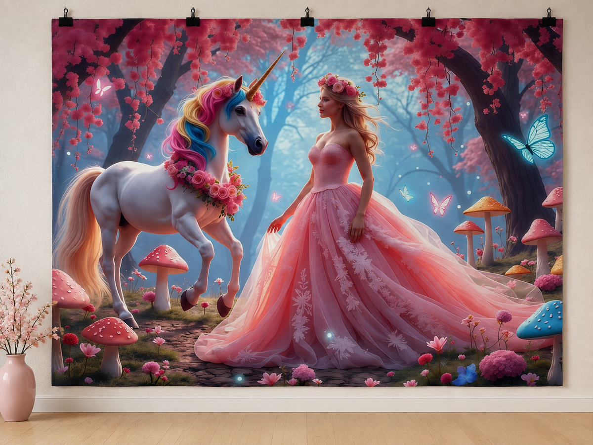 Unicorn and Princess Fantasy Forest printed polyester backdrop, shown at244 x183cm with straight-cut unhemmed edges and wall clips. Flat printed scenery; accessories not included.