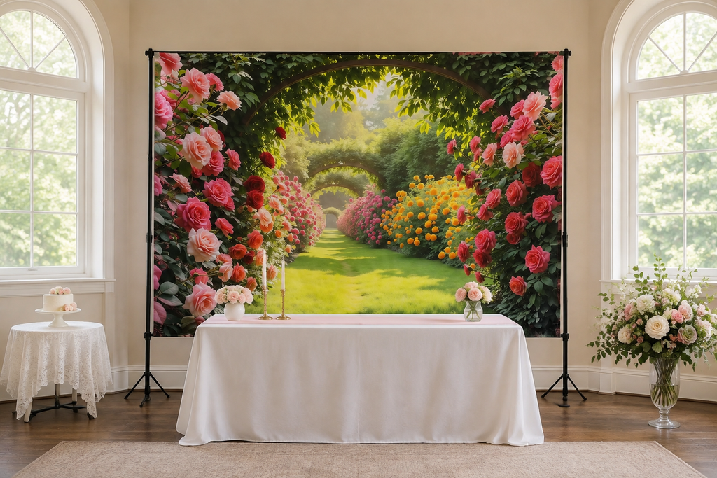 Rose Garden Arch Backdrop in event studio