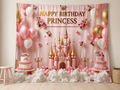 Pink gold princess castle birthday photography backdrop in party room