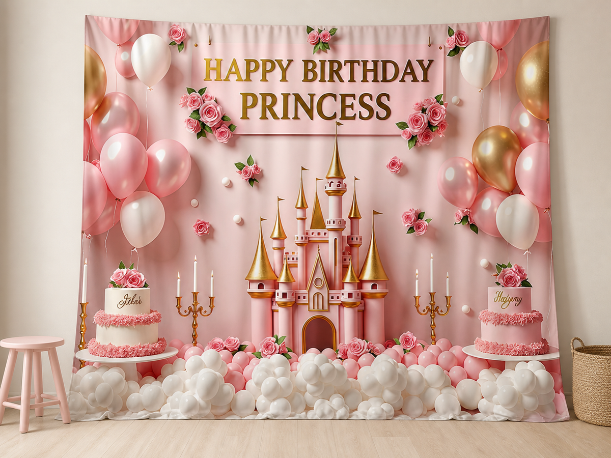 Pink gold princess castle birthday photography backdrop in party room