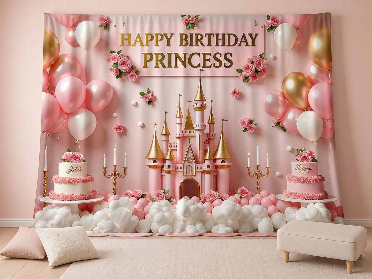 Pink gold princess castle birthday fabric backdrop with floor cushions