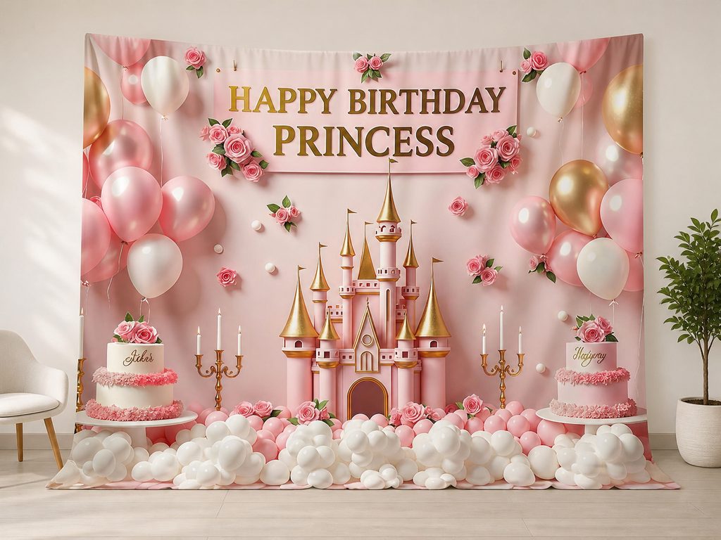 Pink princess castle birthday photography backdrop in portrait studio