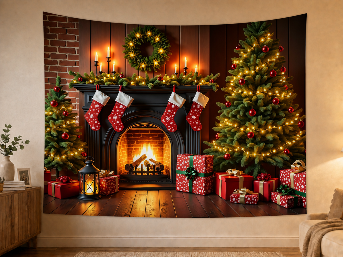 Classic Christmas Fireplace Tapestry Backdrop styled scene 2