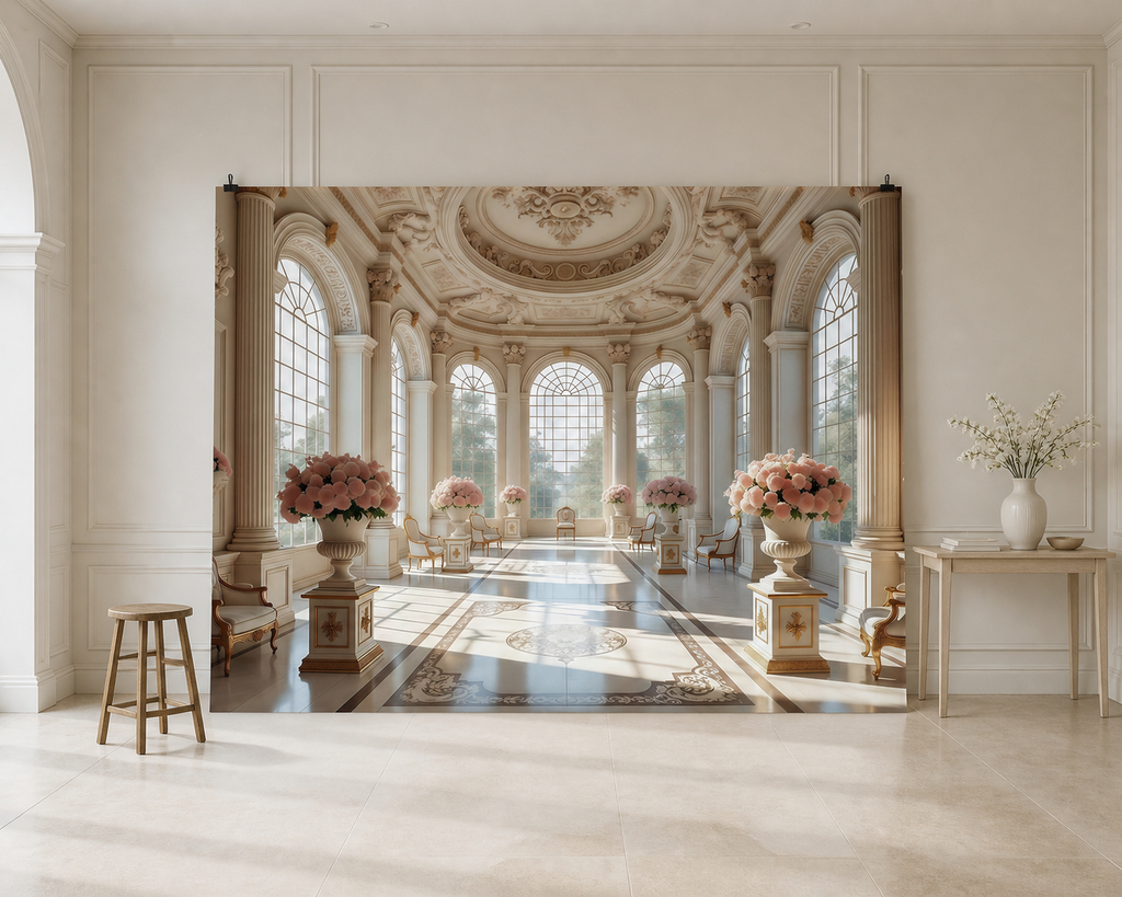 Elegant White Ballroom Interior Backdrop scene 1
