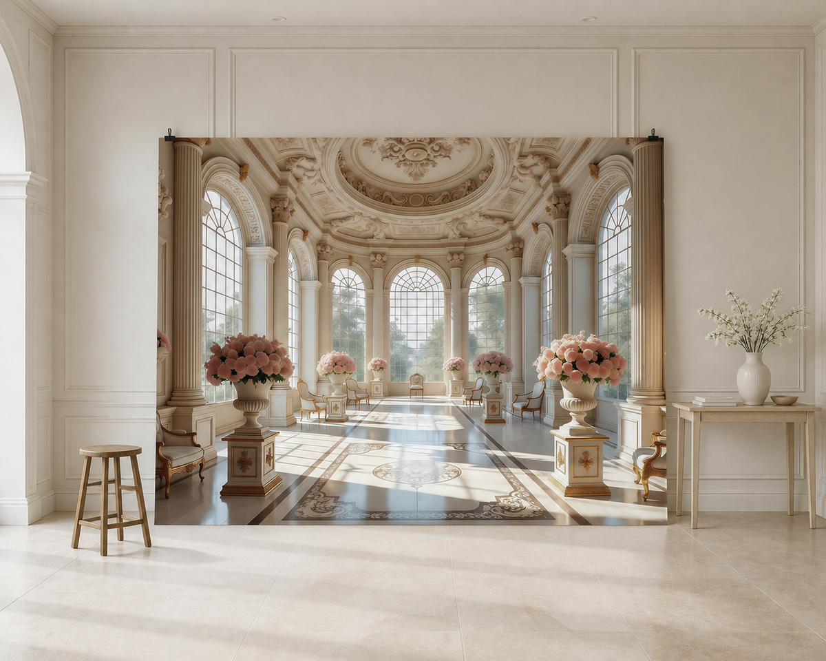 Elegant White Ballroom Interior Backdrop scene 1