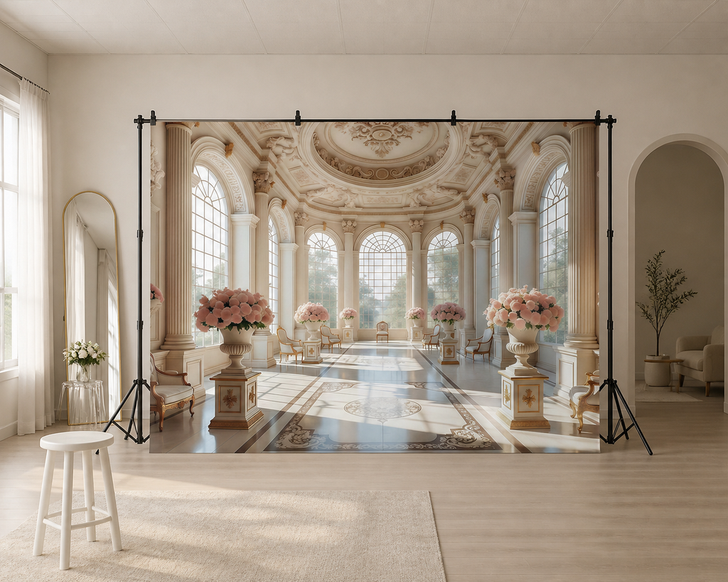 Elegant White Ballroom Interior Backdrop scene 2