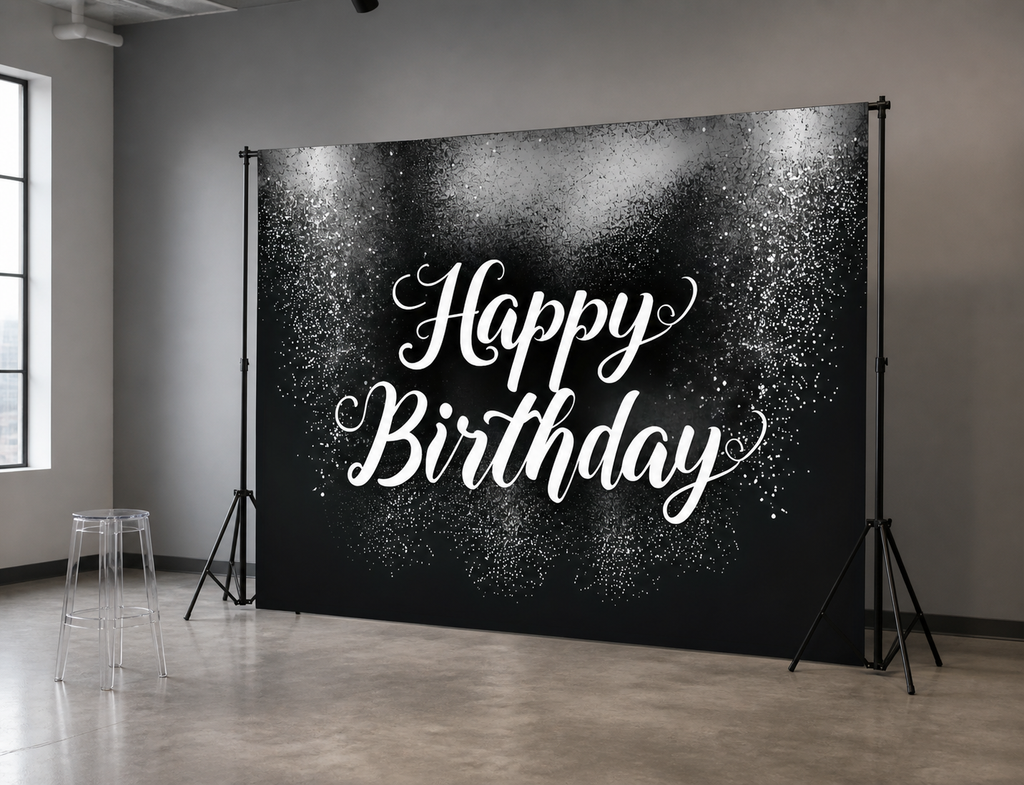 Black Silver Glitter Birthday Backdrop scene 2