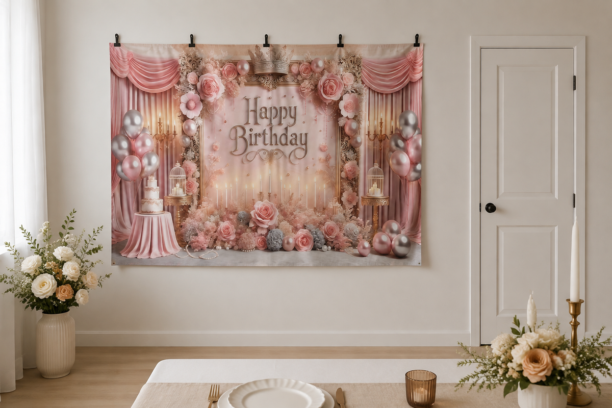 Blush Pink Floral Birthday Backdrop clipped directly to wall