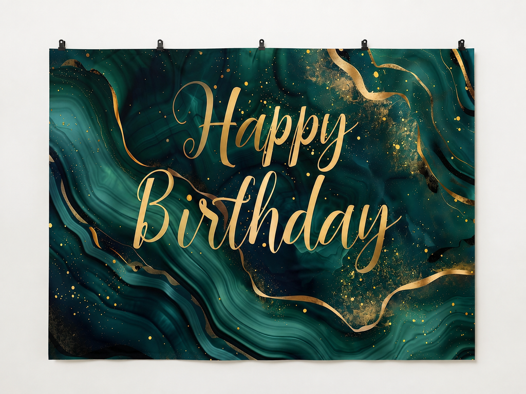 Green and Gold Marble Happy Birthday Backdrop — complete flat printed design; accessories not included