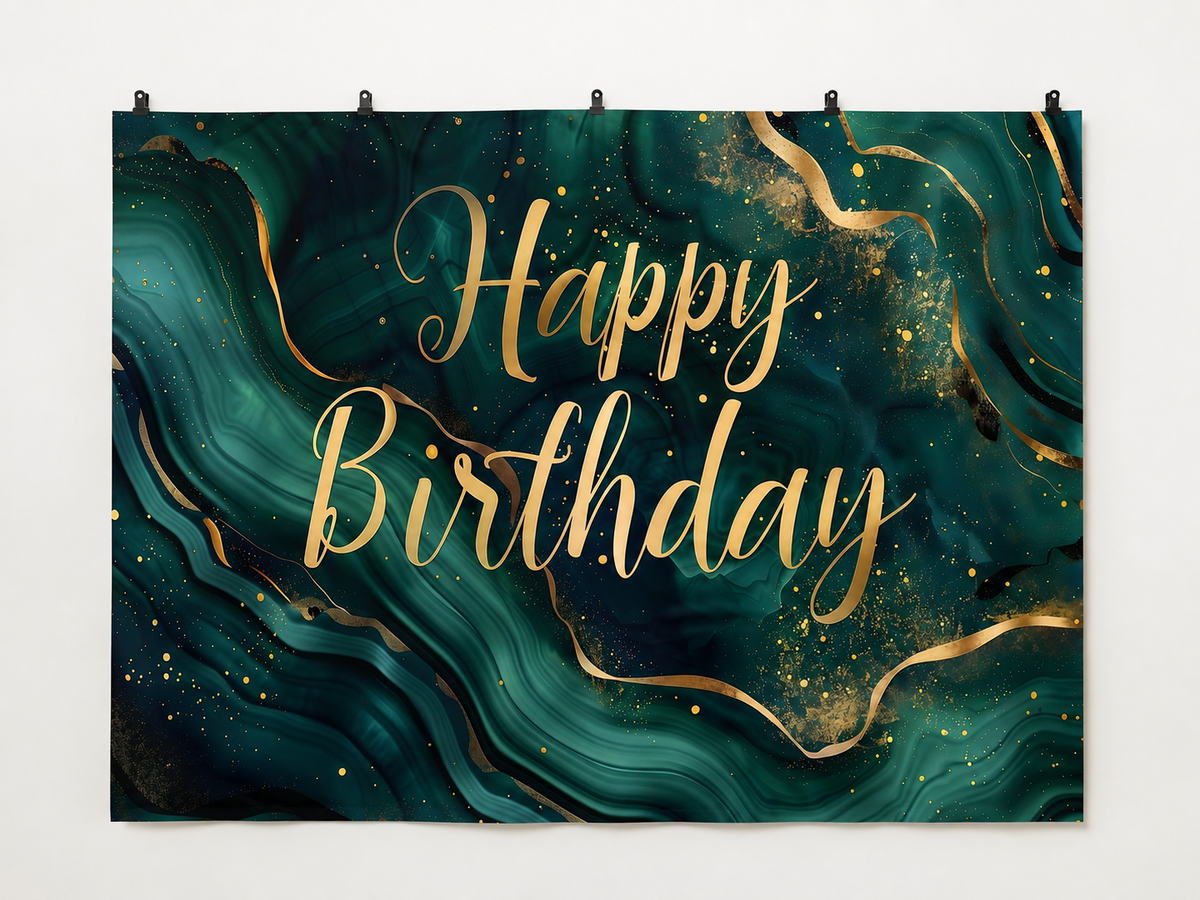 Green and Gold Marble Happy Birthday Backdrop — complete flat printed design; accessories not included