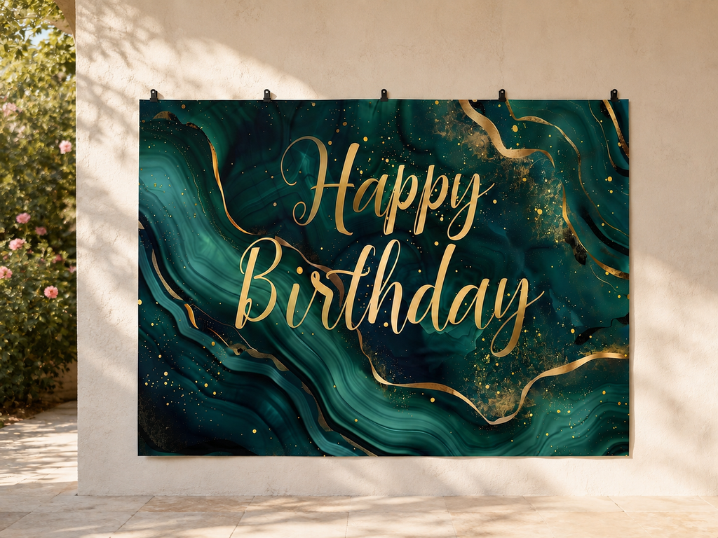 Green and Gold Marble Happy Birthday Backdrop — temporary dry outdoor wall-clip display; accessories not included