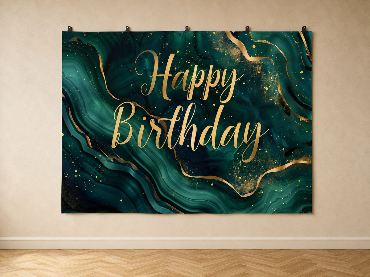 Green and Gold Marble Happy Birthday Backdrop — indoor wall-clip display; accessories not included