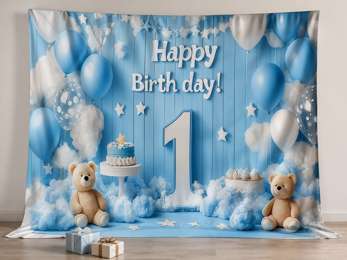 Blue first birthday fabric photography backdrop scene 1