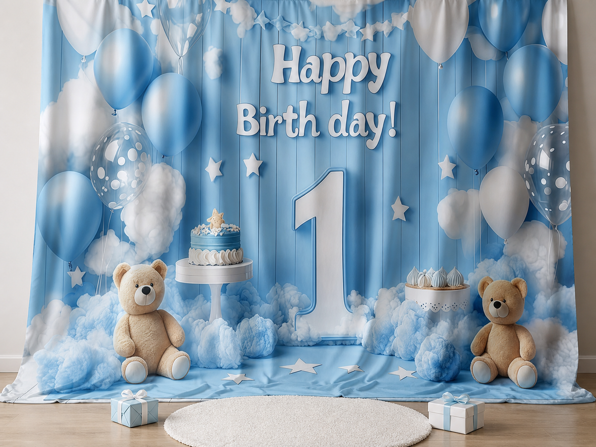 Blue first birthday fabric photography backdrop scene 2