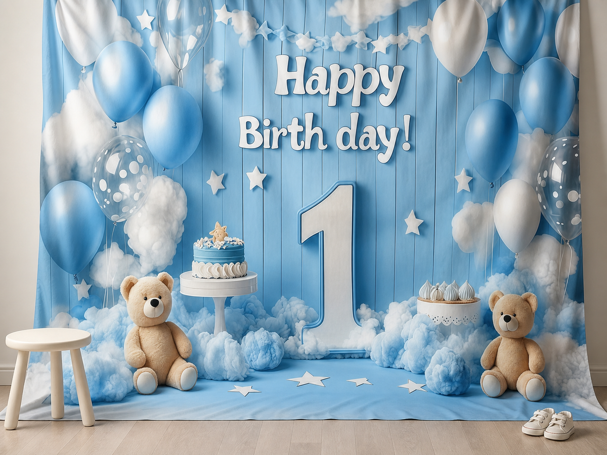 Blue first birthday fabric photography backdrop scene 3