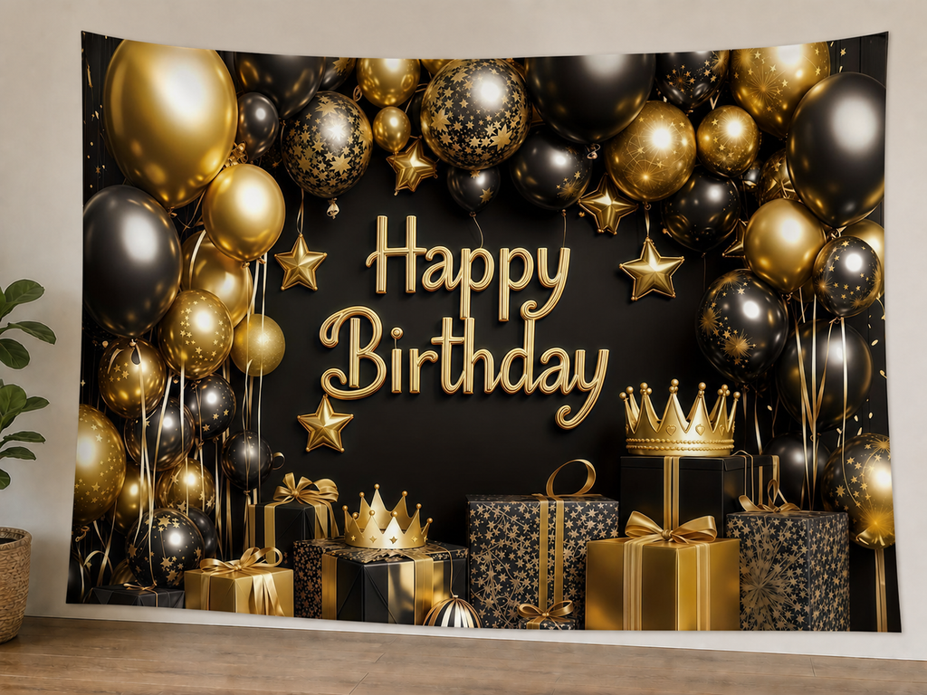 Black and Gold Crown Birthday Backdrop styled scene 1