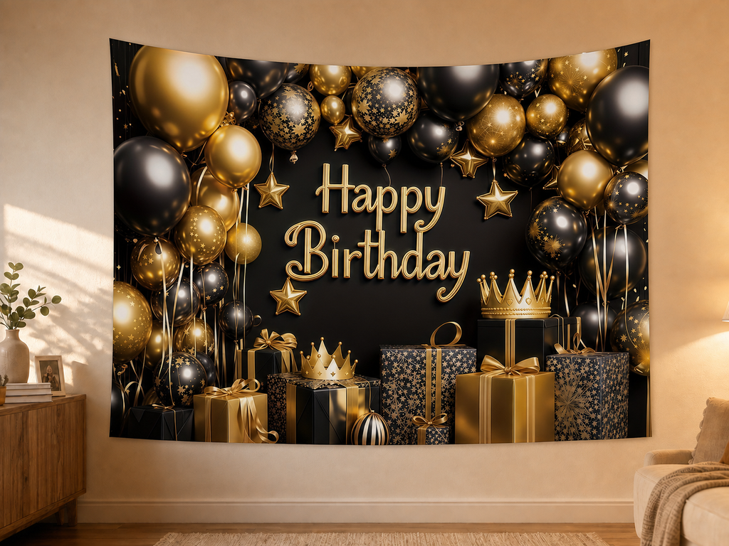 Black and Gold Crown Birthday Backdrop styled scene 2