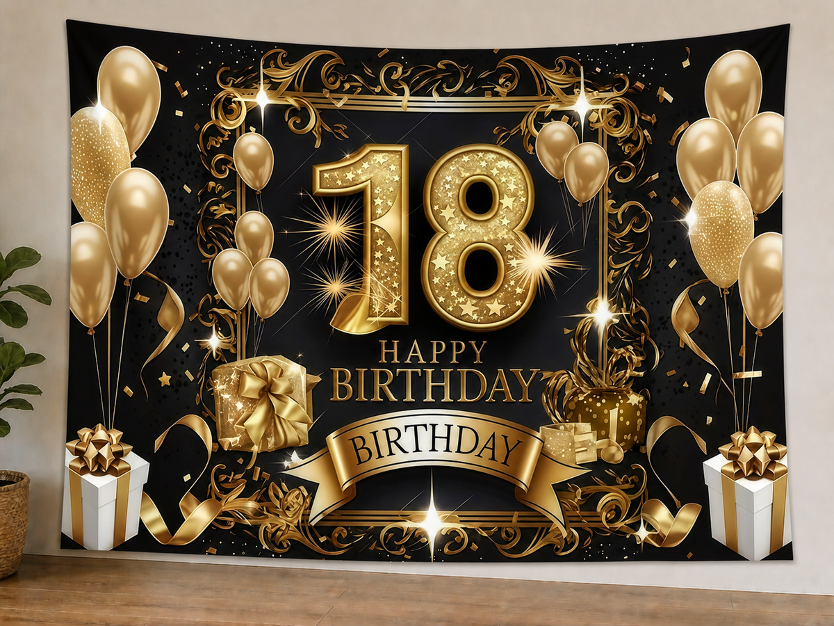 Black and Gold 18th Birthday Backdrop styled scene 1
