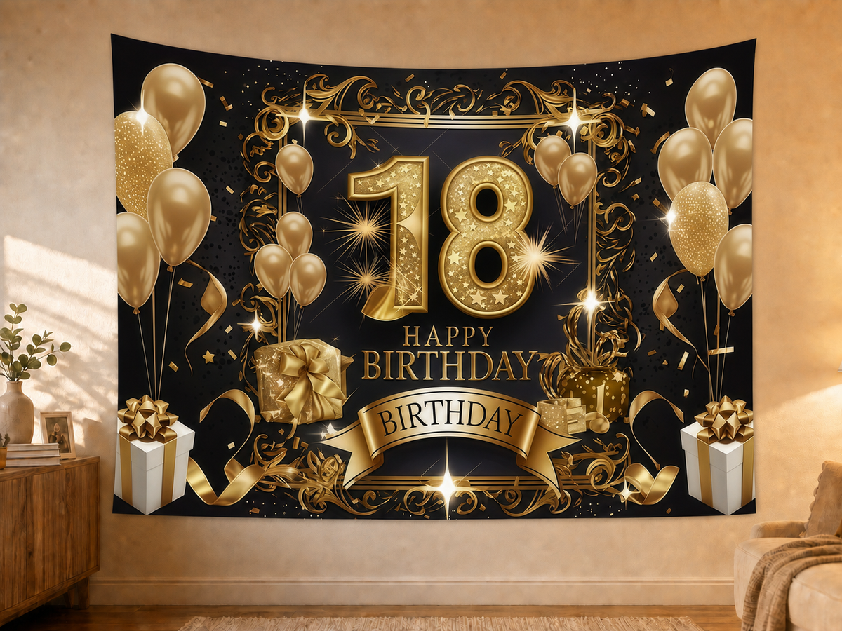 Black and Gold 18th Birthday Backdrop styled scene 2
