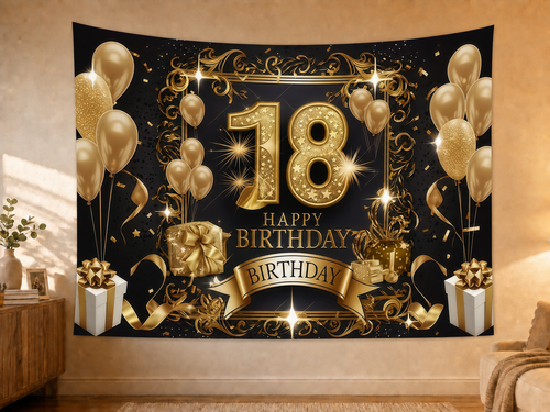 Black and Gold 18th Birthday Backdrop styled scene 2