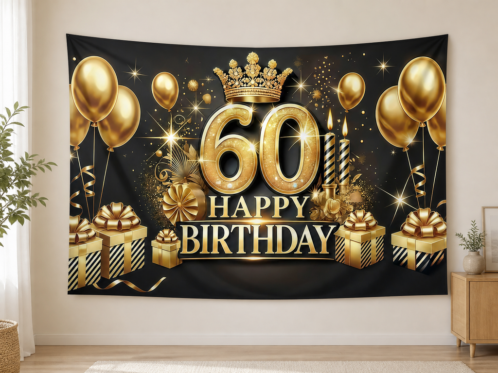 Black Gold 60th Birthday Backdrop indoor application scene