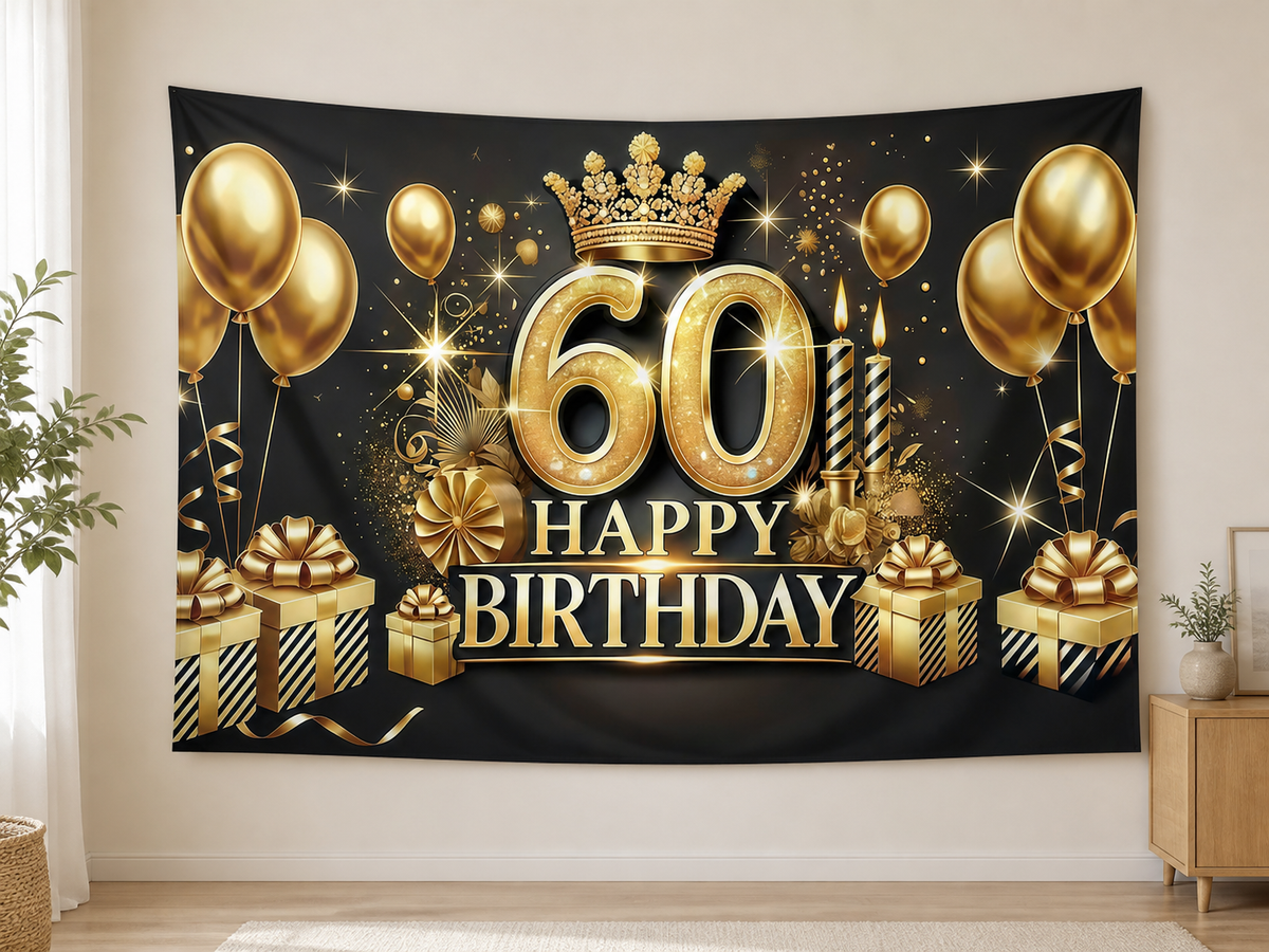 Black Gold 60th Birthday Backdrop indoor application scene