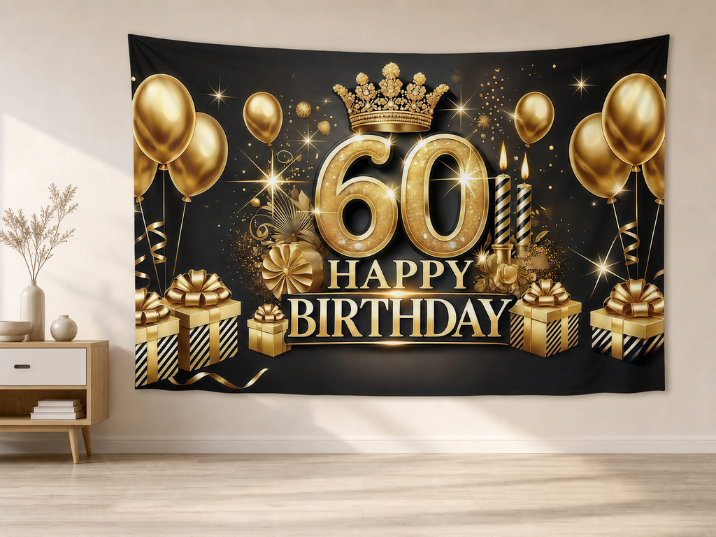 Black Gold 60th Birthday Backdrop indoor application scene