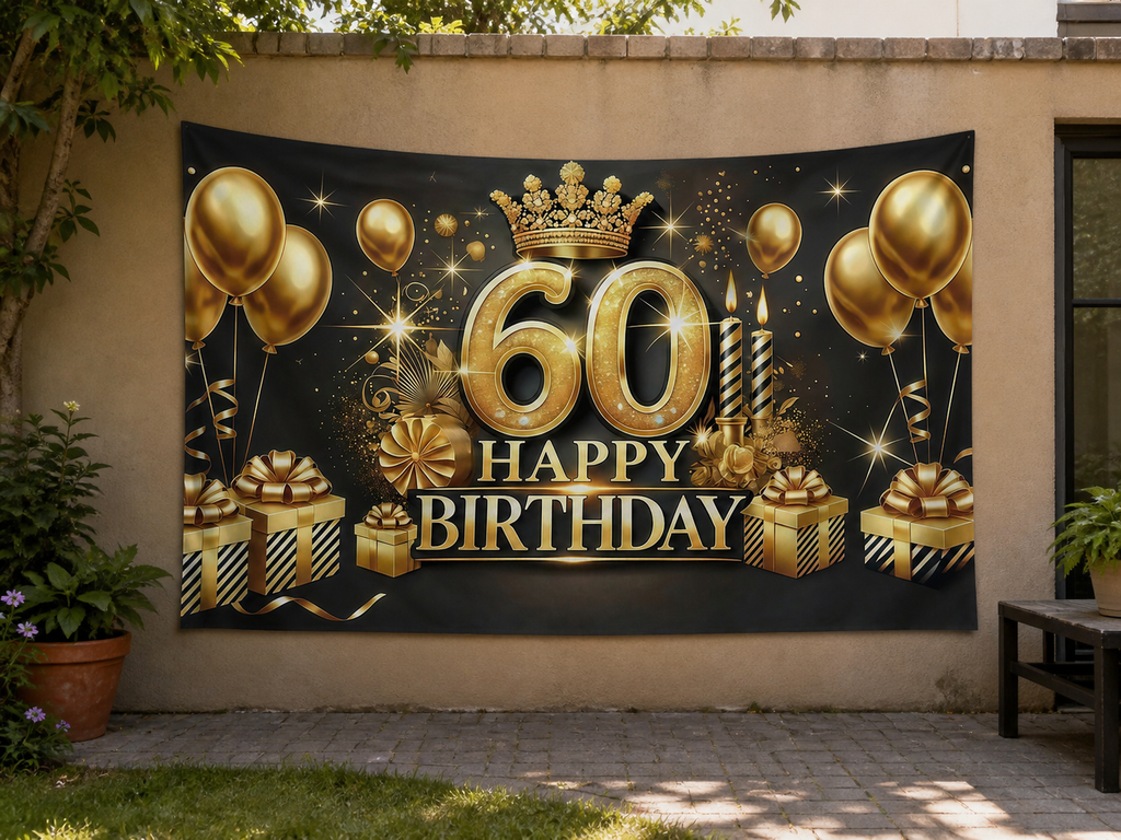 Black Gold 60th Birthday Backdrop garden application scene