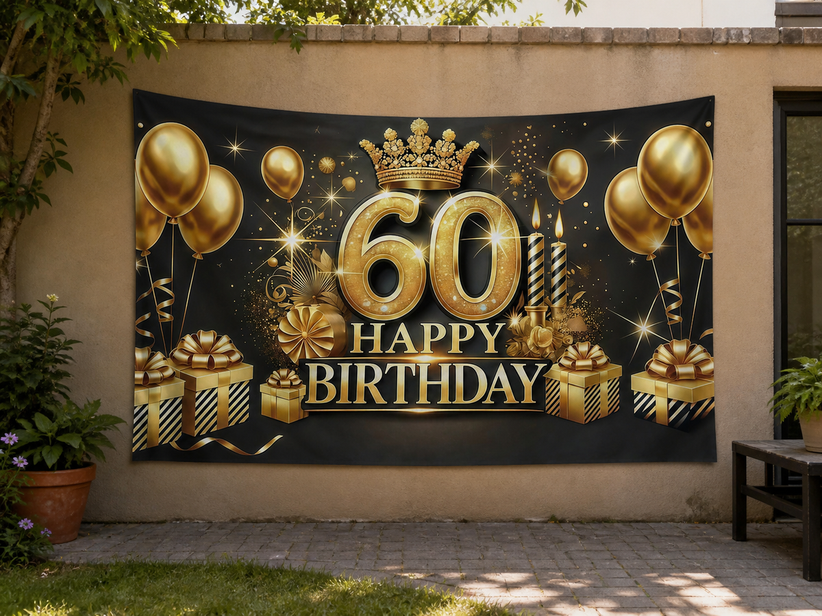 Black Gold 60th Birthday Backdrop garden application scene