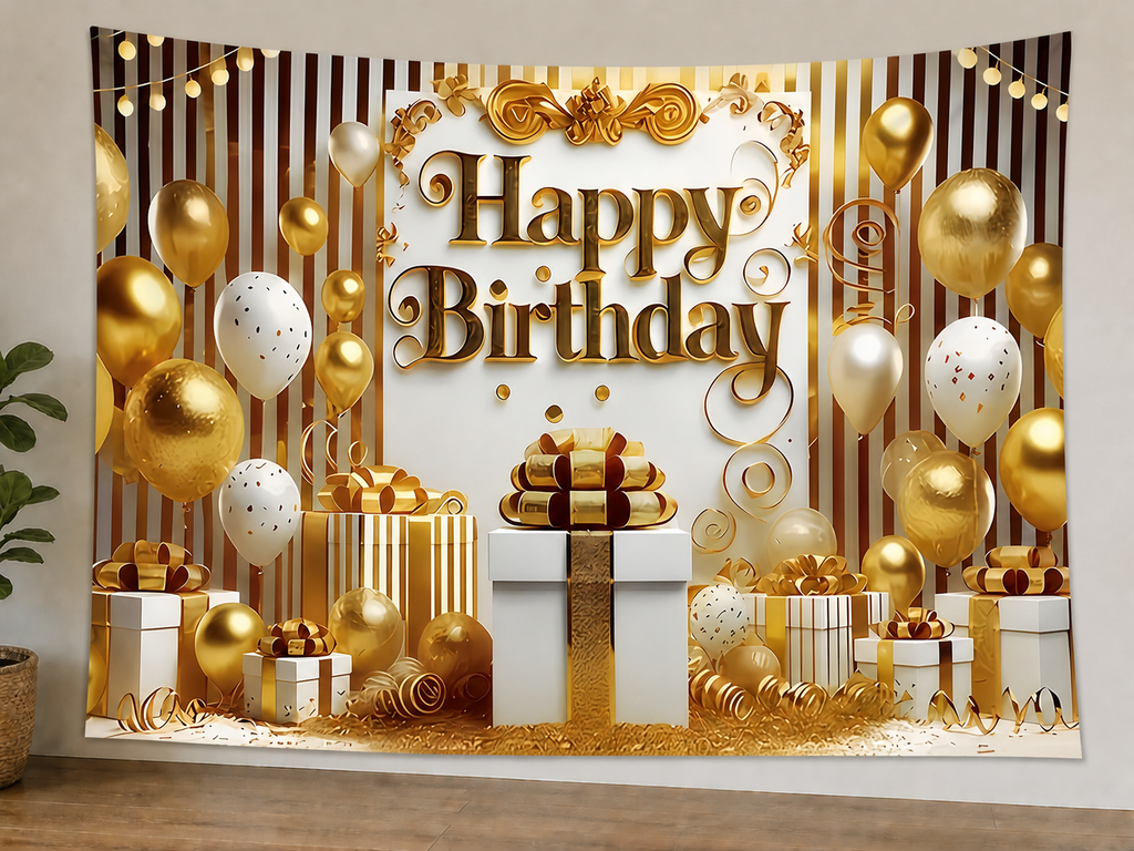 White and Gold Happy Birthday Backdrop styled scene 1