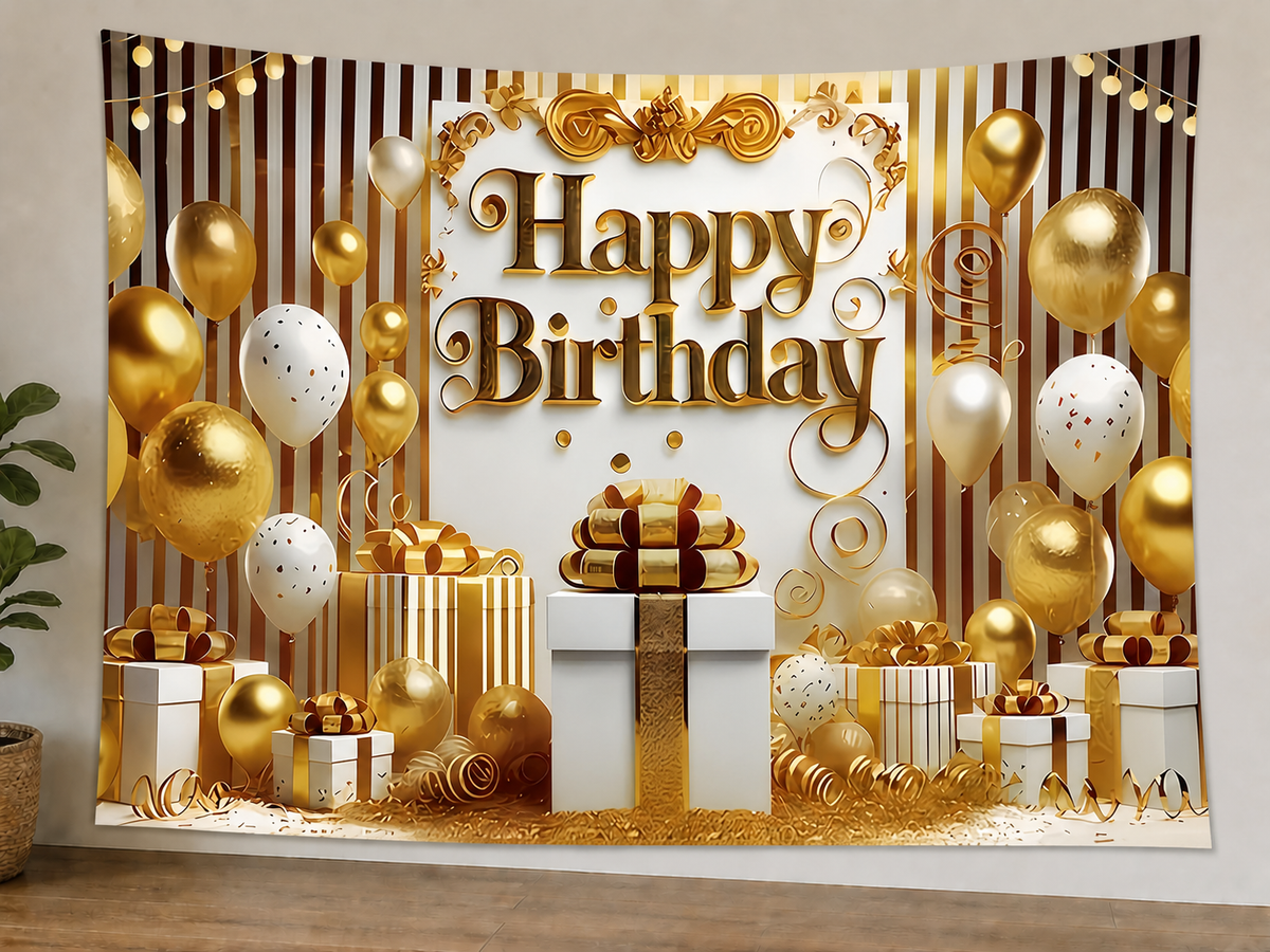 White and Gold Happy Birthday Backdrop styled scene 1