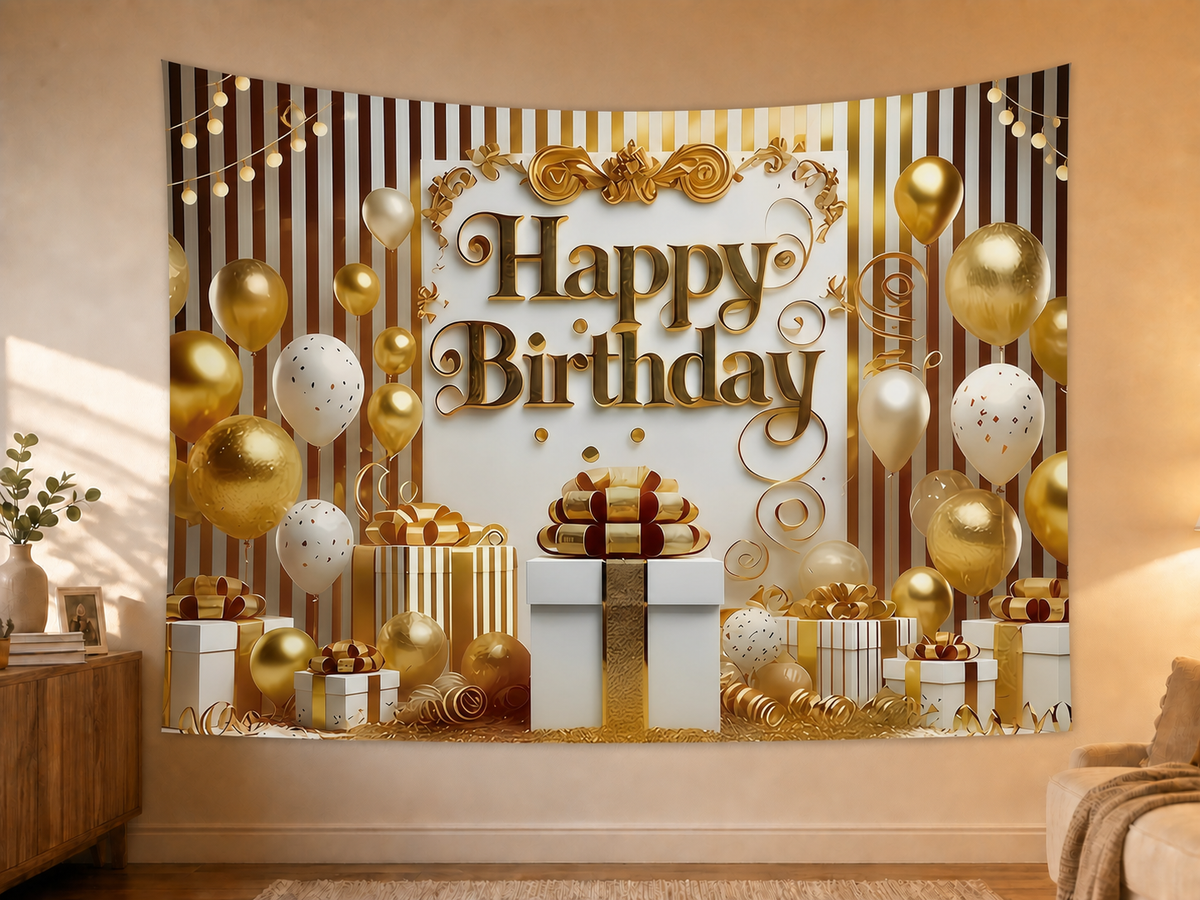 White and Gold Happy Birthday Backdrop styled scene 2