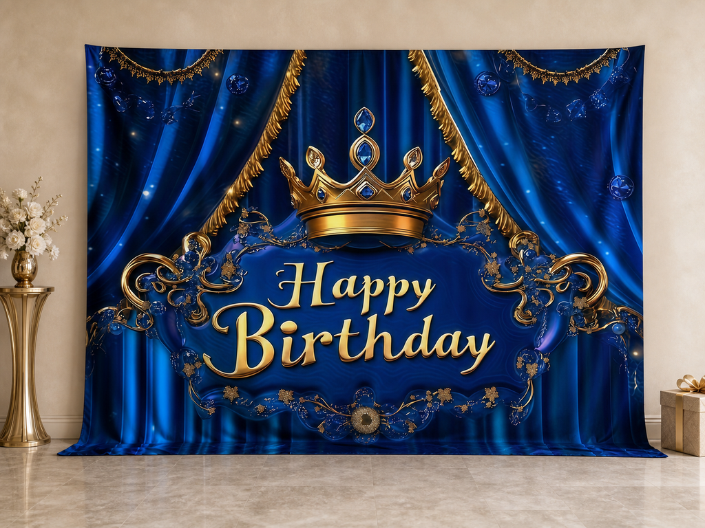 Royal blue gold Happy Birthday crown fabric backdrop
