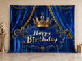 Royal blue gold Happy Birthday crown fabric backdrop
